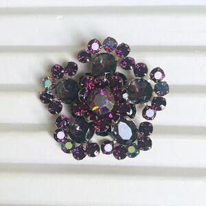 Brooch Vtg Amethyst Crystal Aurora Borealis Rhinestone Layered Flower Star Prong